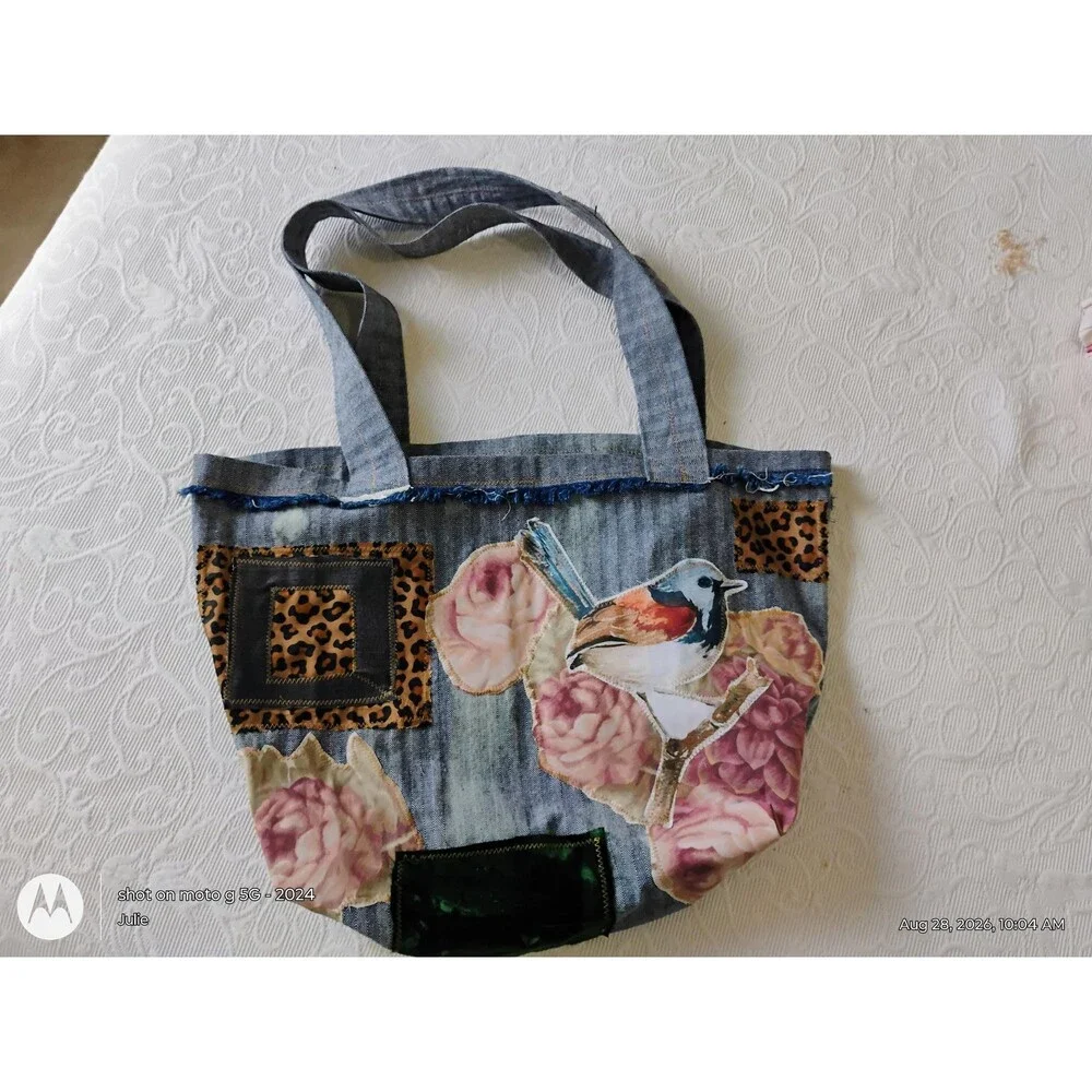 Denim Patchwork Tote Bag Applique Reclaimed Fabric Oversized Boho Handbag
